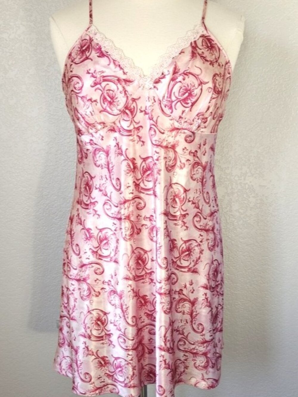 Adonna XXL Chemise Satin Pink Red Floral Lace Trim Lace V-neck Pajamas